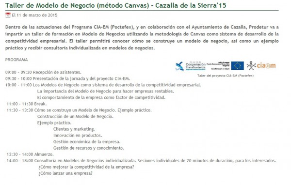 Cartel de Taller de Modelo de Negocios en Cazalla de la Sierra