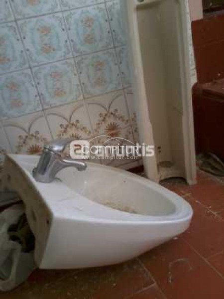 Lavabo blanco pequeño, con pie y grifo.