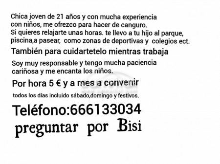 Canguro por hora a 5€  y quitate el extre con la seguridad de que los niños esta con una persona res