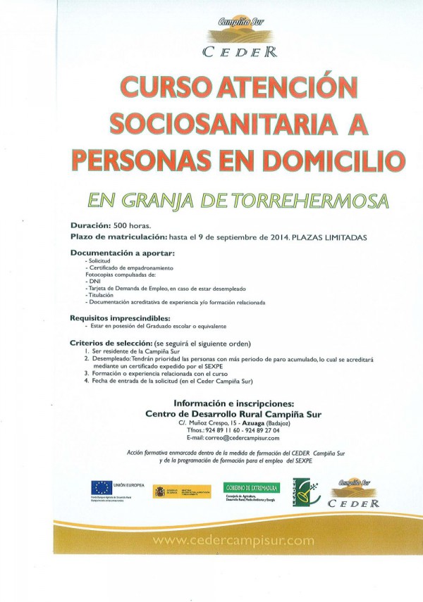 El Ceder organiza un Curso de Atención Sociosanitaria a Personas en Domicilio 