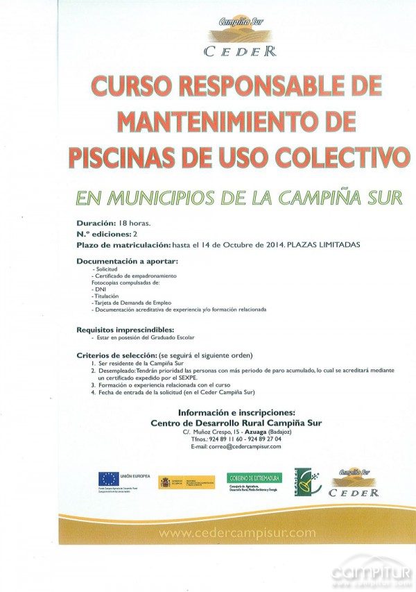 Curso “Responsable de Mantenimiento de Piscinas de Uso Colectivo”