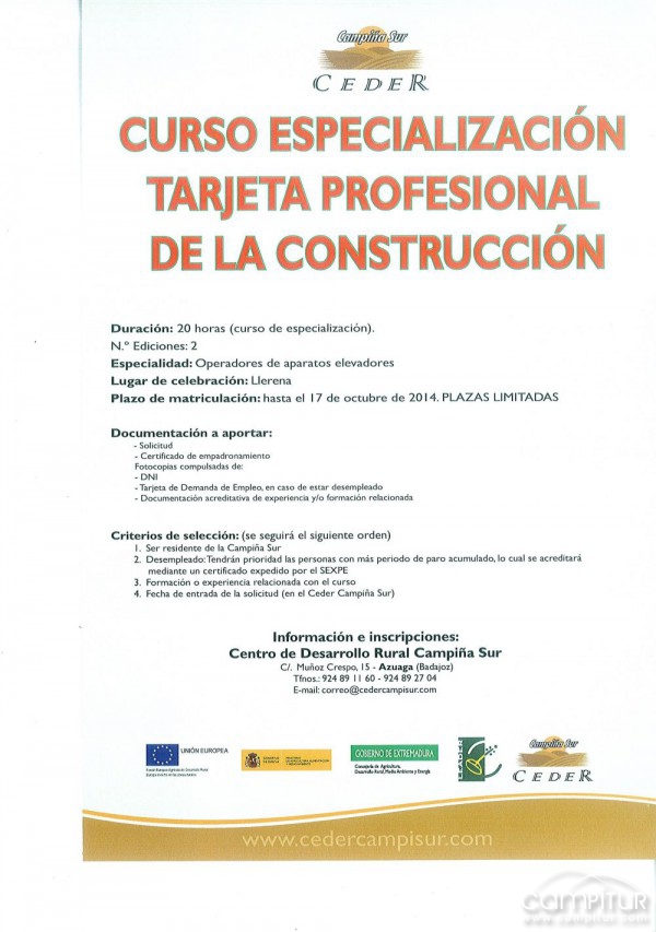 Curso Especialización Tarjeta Profesional de la Construcción “Operadores de Aparatos Elevadores” 