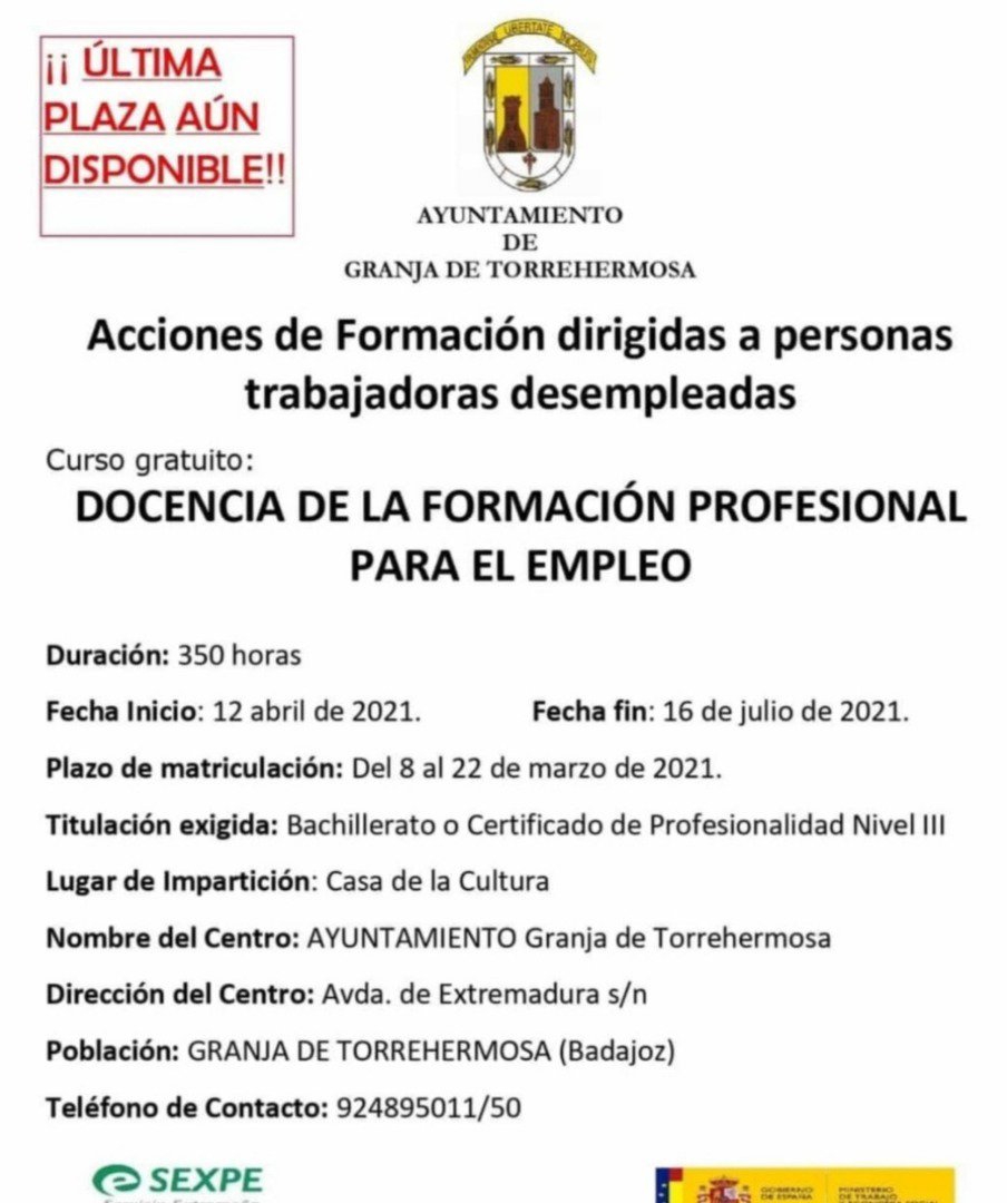 Última plaza para el Certificado de Profesionalidad de Docencia de la Formación para el Empleo 