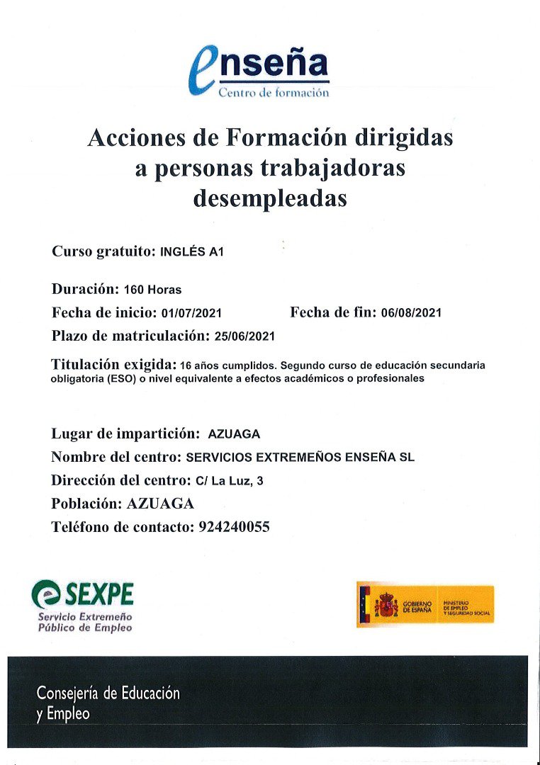 Curso gratuito de Inglés A1 en Azuaga 