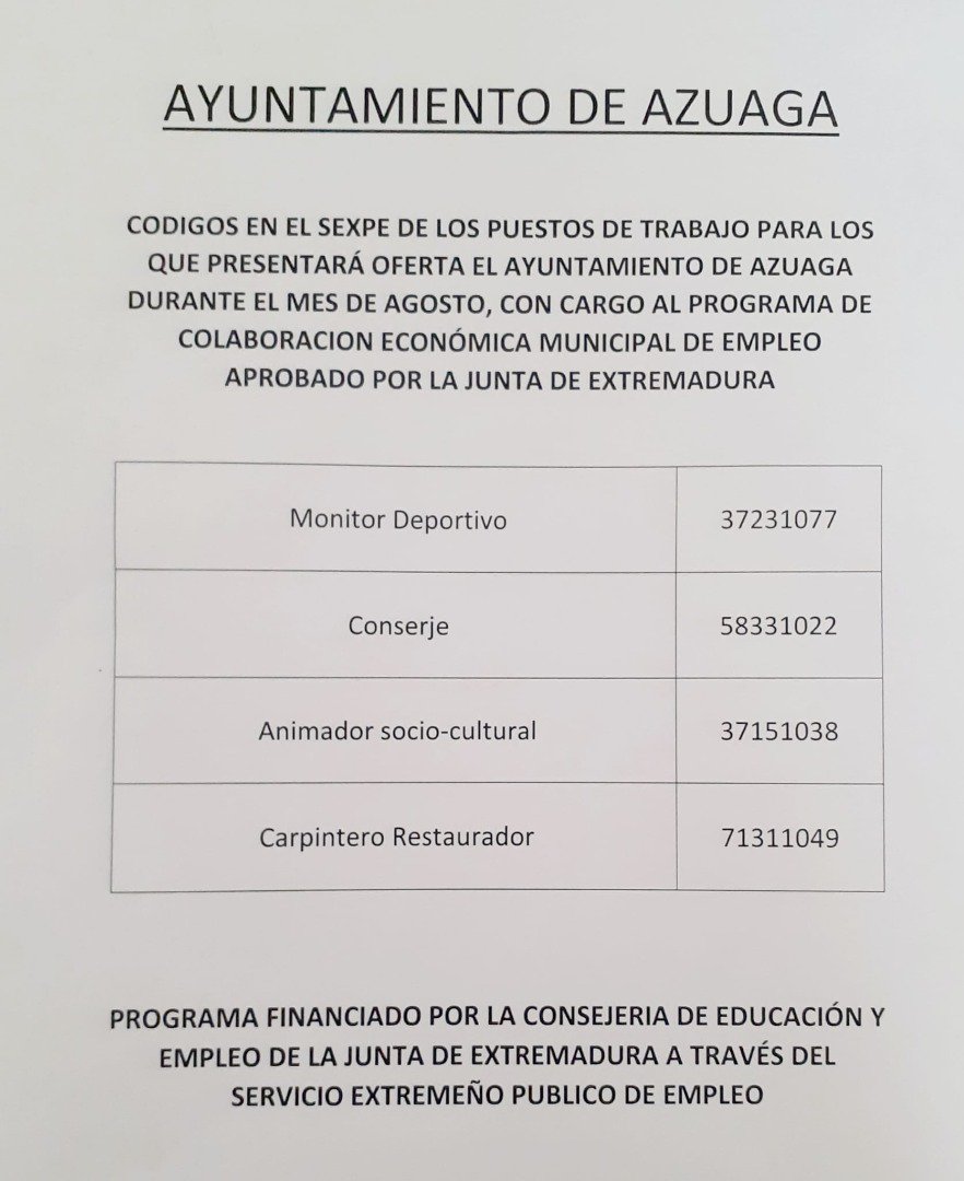 El Ayuntamiento de Azuaga convoca varios puestos de trabajo 