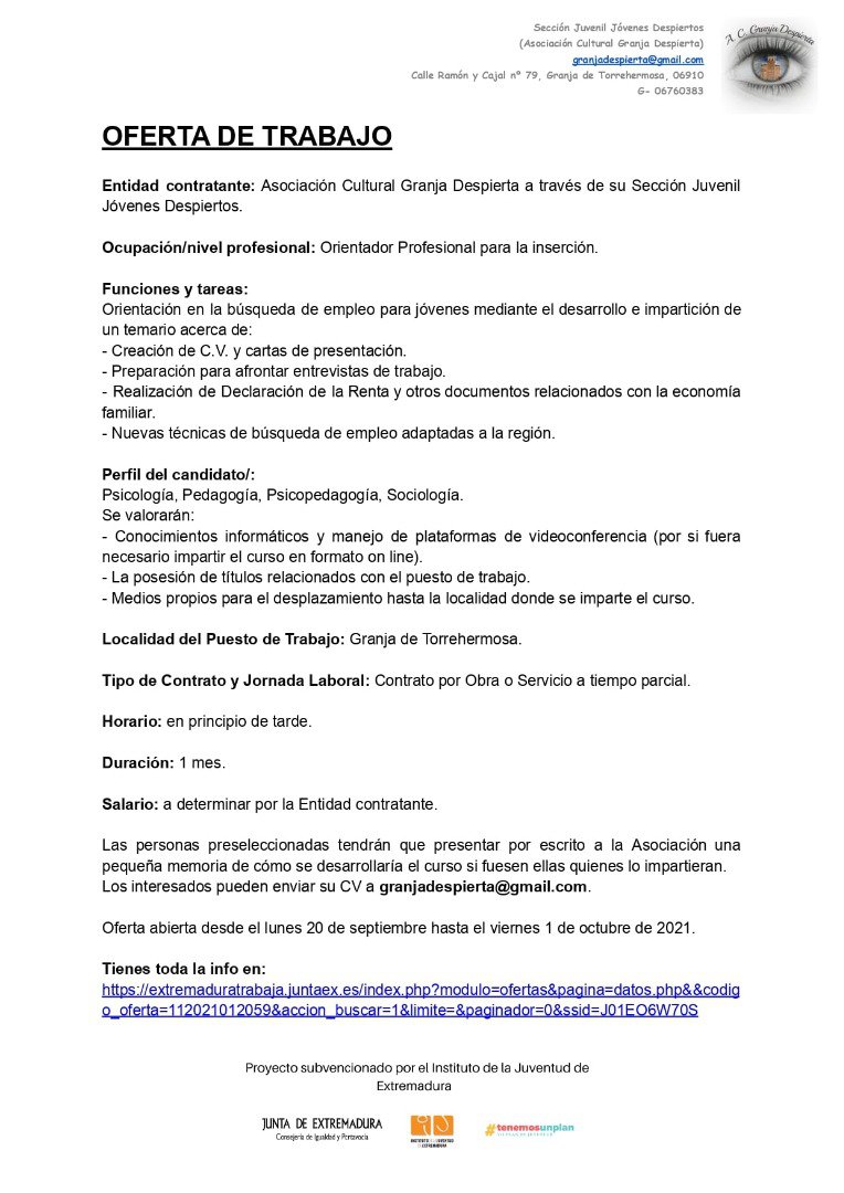 Oferta de trabajo en Granja de Torrehermosa 