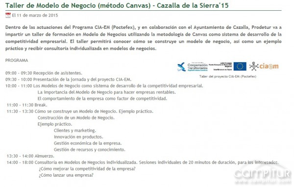 Abierto el plazo de inscripción para el “Taller de Modelo de Negocios” en Cazalla de la Sierra