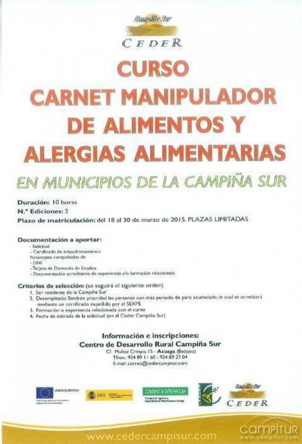 El Ceder organiza un Curso de Manipulador de Alimentos