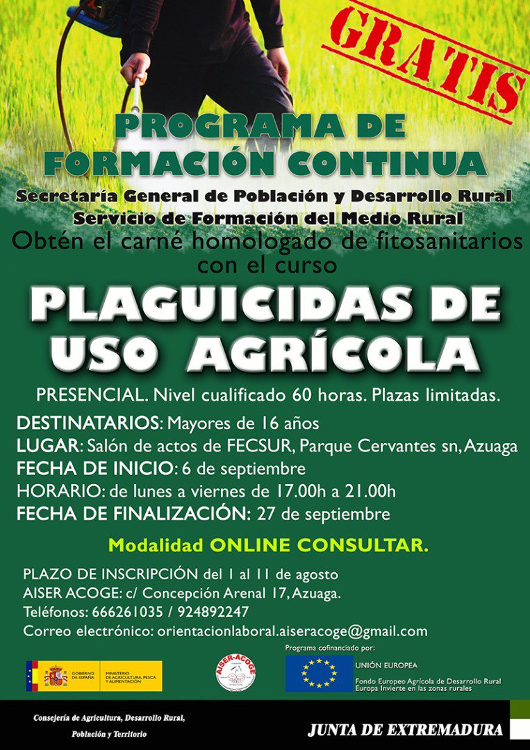 Curso gratuito de Plaguicida de Uso Agrícola en  Azuaga 