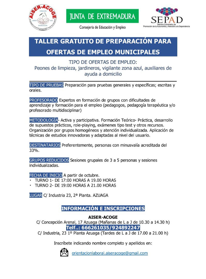 Taller gratuito de preparación para ofertas de empleo municipales en Azuaga 