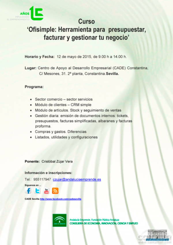 El CADE Constantina convoca el curso “Ofisimple: Herramienta para presupuestar, facturar y gestionar tu negocio”