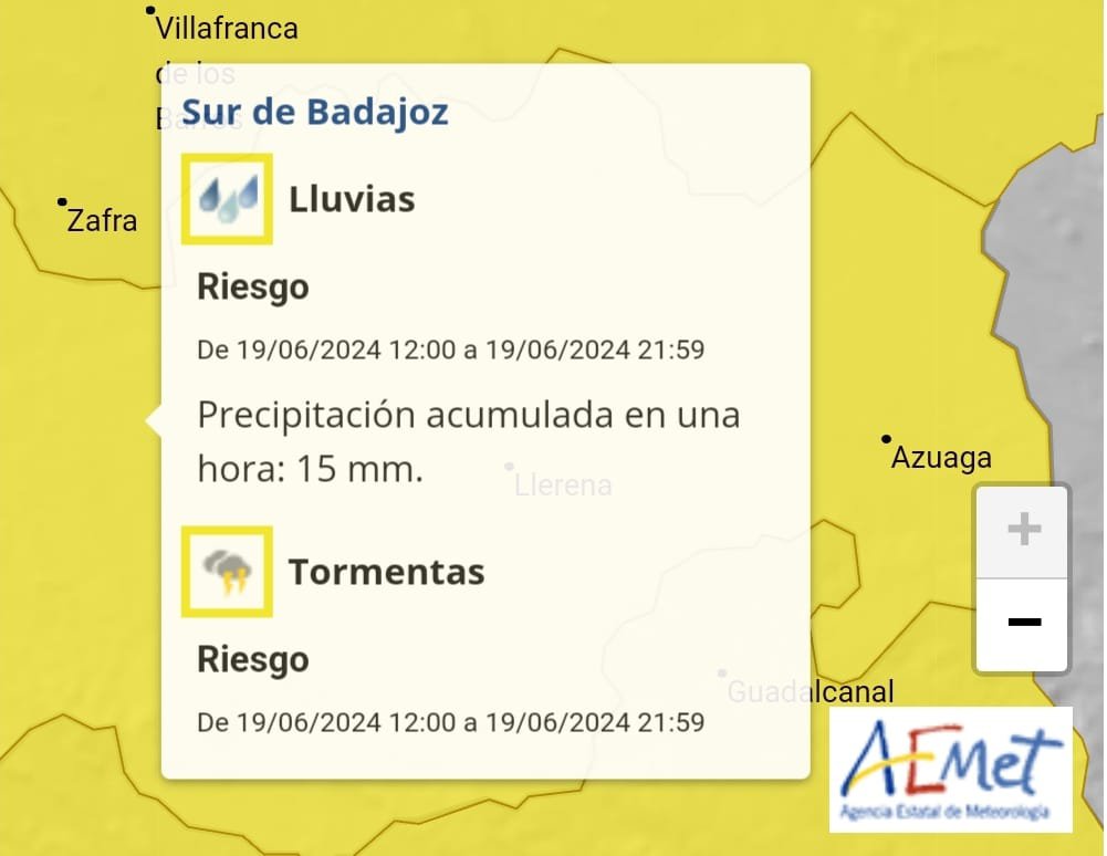 Aviso Amarillo por Lluvias en Extremadura