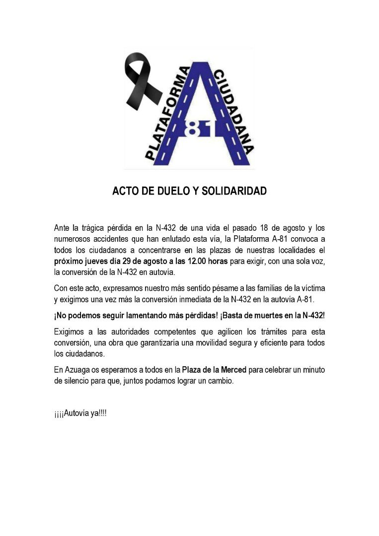 Azuaga se Une en Acto de Solidaridad y Reclama la Conversión de la N-432 en Autovía