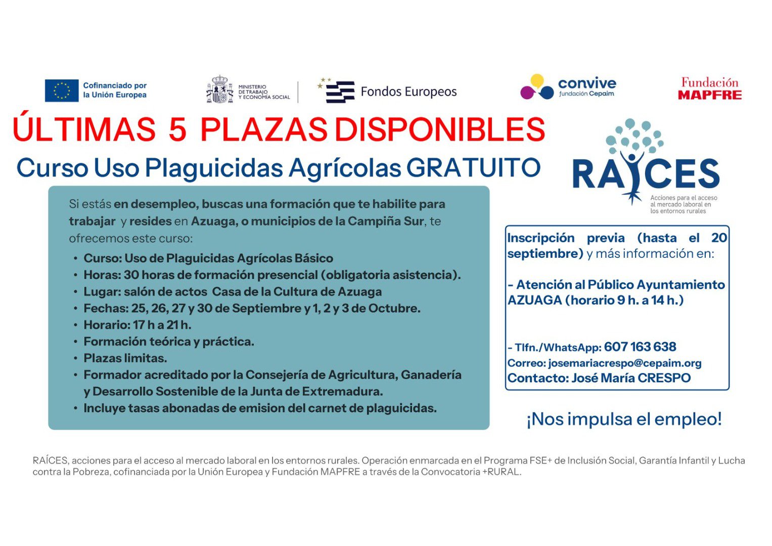 Últimas plazas para el curso gratuito de plaguicidas