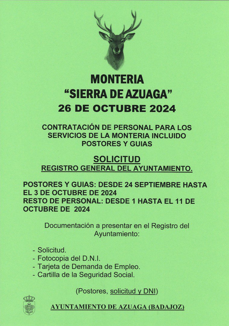 Azuaga anuncia la contratación de personal para la Montería en la Finca Sierra de Azuaga