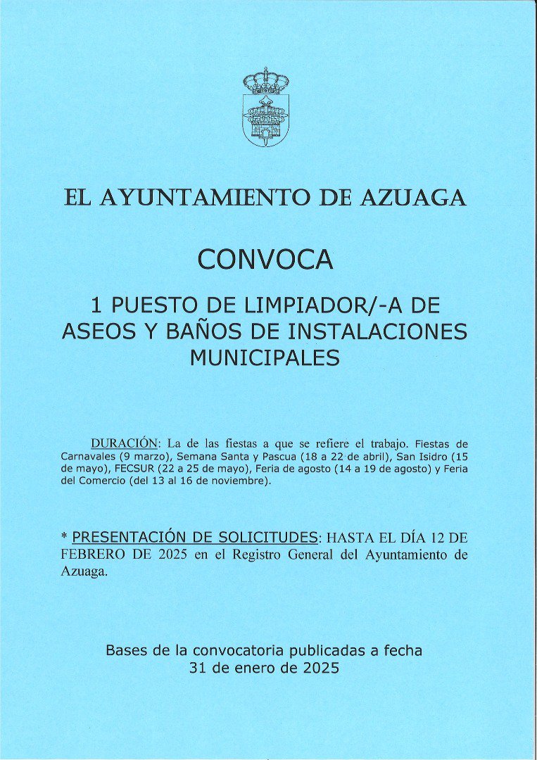 El Ayuntamiento de Azuaga convoca una plaza de limpiador/a de baños en fiestas locales