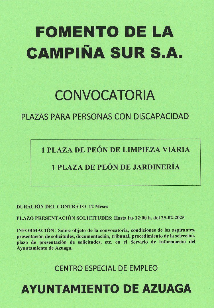 El Ayuntamiento de Azuaga convoca plazas de jardinería y limpieza para personas con discapacidad 
