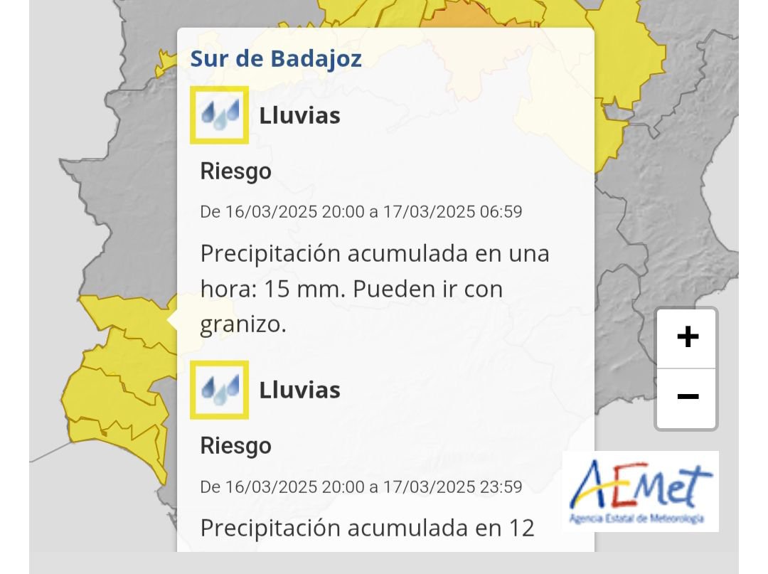 Aviso amarillo por lluvias en el sur de Badajoz este lunes