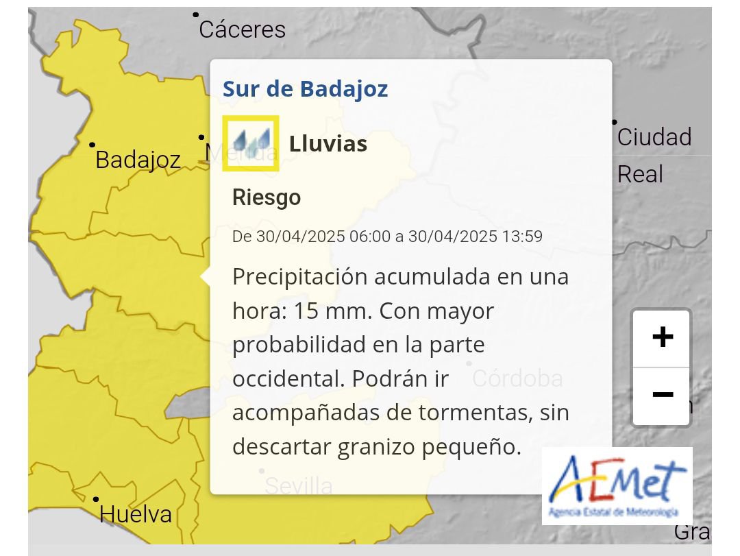 Activada la alerta amarilla por lluvias en varias comarcas de Badajoz