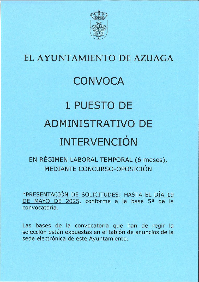 Convocatoria de empleo en Azuaga: plaza de Administrativo de Intervención