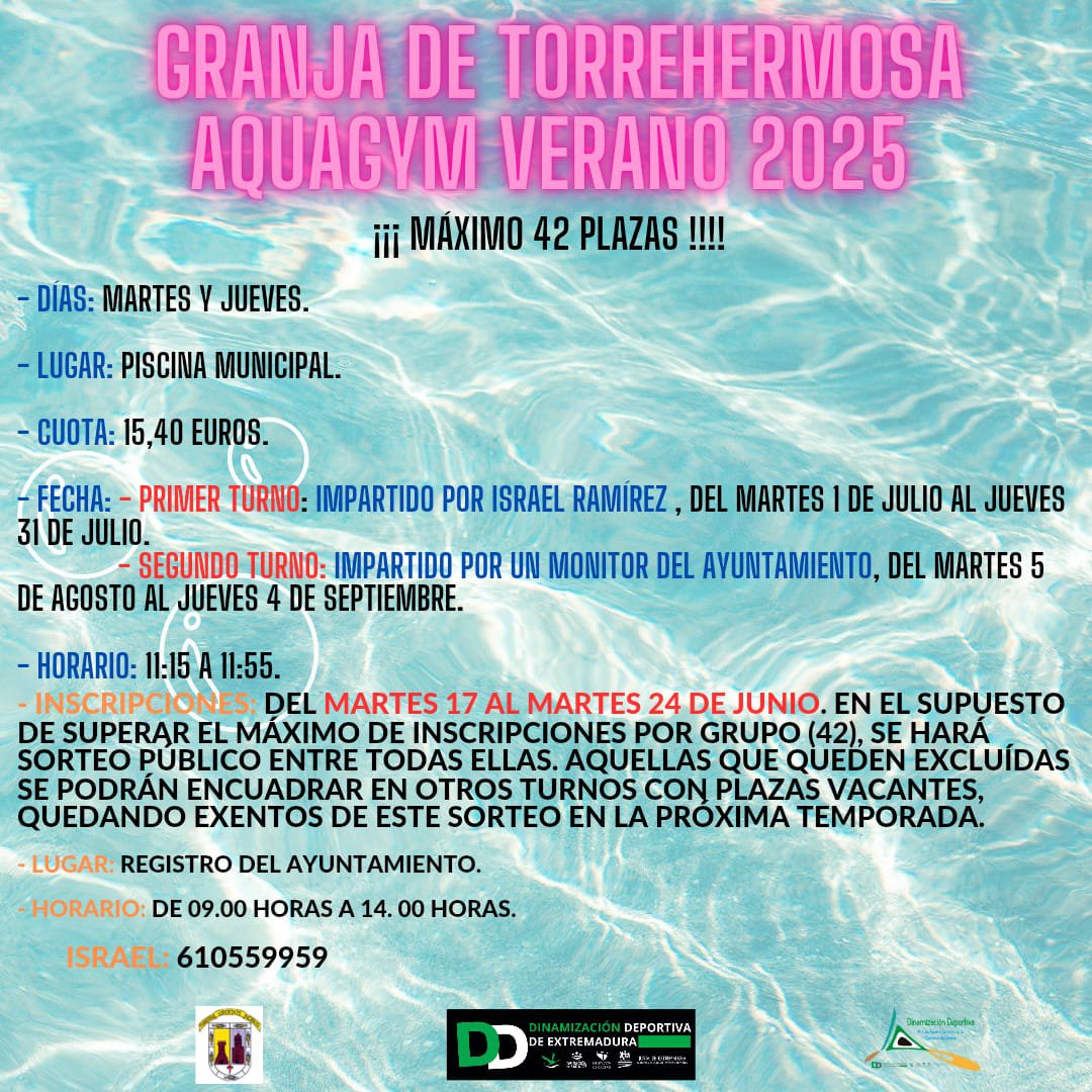Abierto el plazo de inscripción para el Aquagym de Verano 2025 en Granja de Torrehermosa