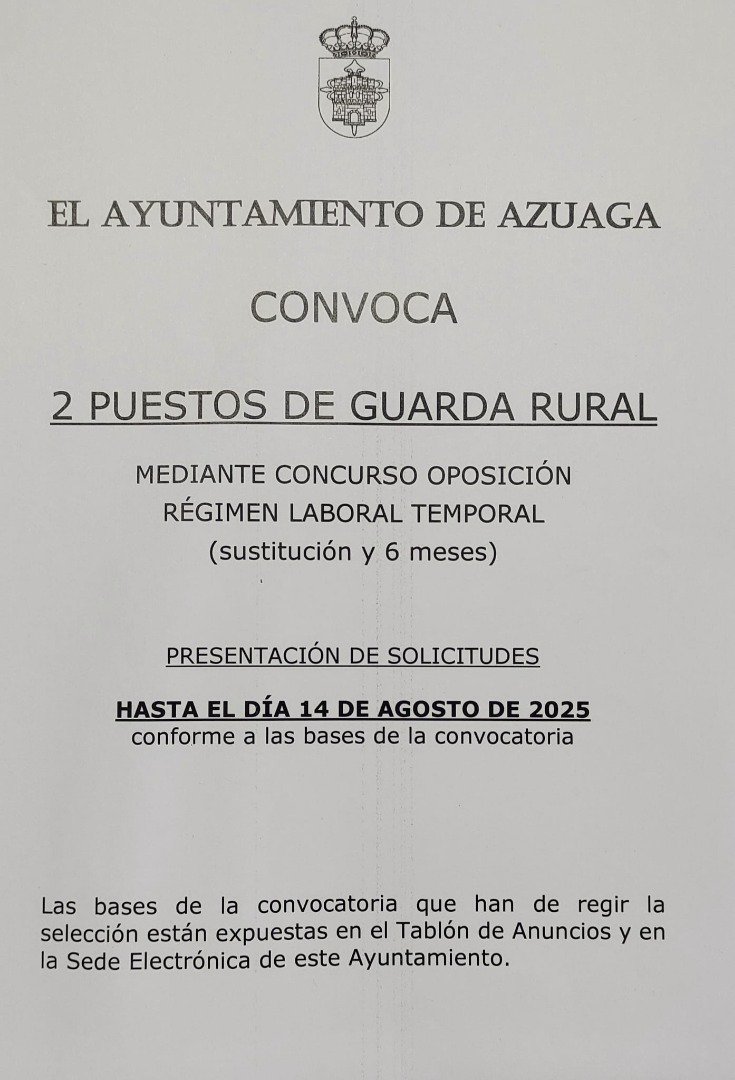 El Ayuntamiento de Azuaga convoca dos plazas de Guarda Rural