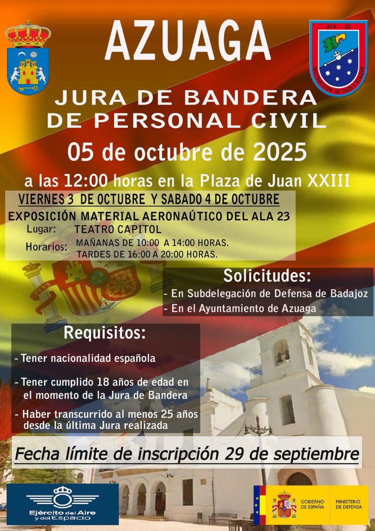 Abierto el plazo de inscripción para la Jura de Bandera de personal civil en Azuaga