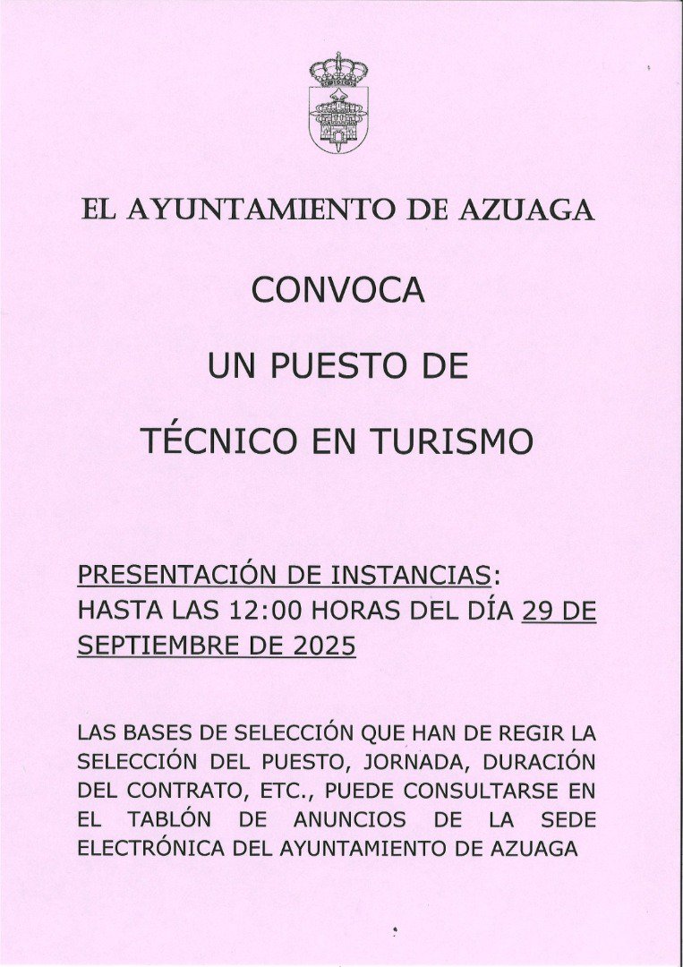 El Ayuntamiento de Azuaga convoca una plaza de Técnico en Turismo