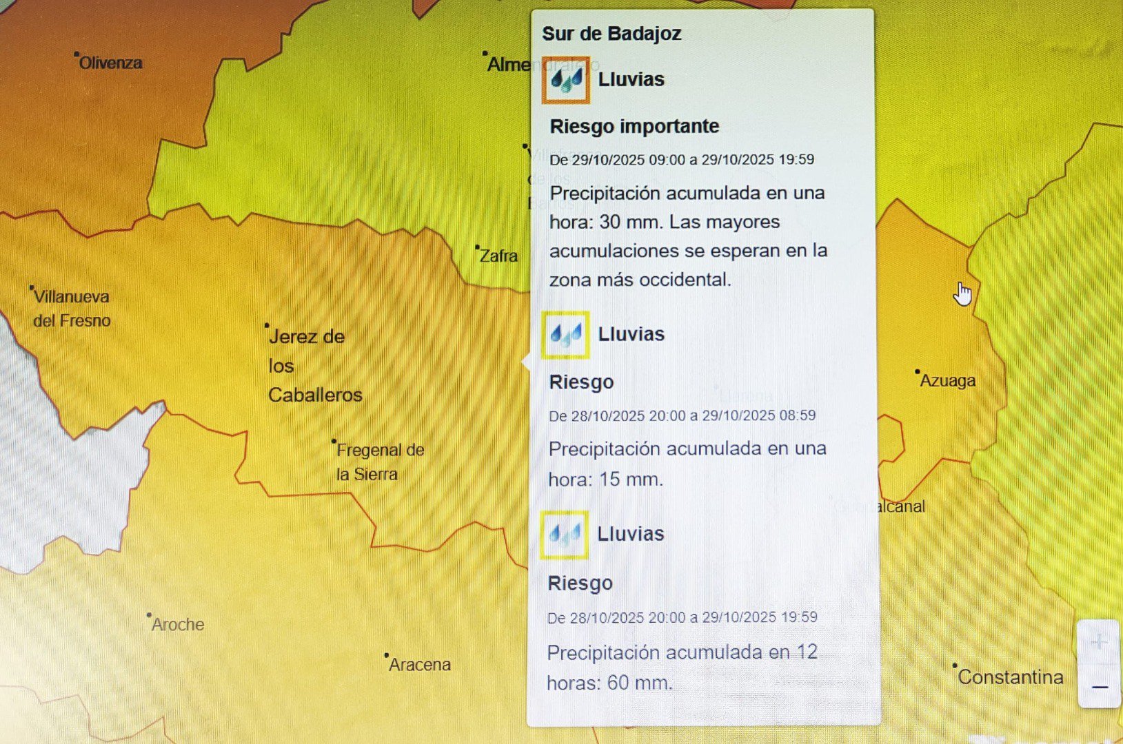 Alerta por fuertes lluvias en el sur de Badajoz: se esperan importantes acumulaciones desde esta noche