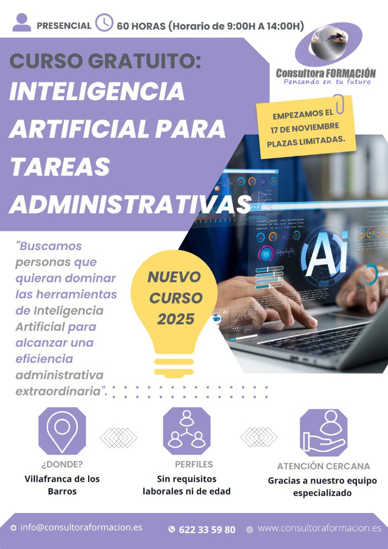 Curso gratuito de Inteligencia Artificial aplicada a tareas administrativas en Villafranca de los Barros
