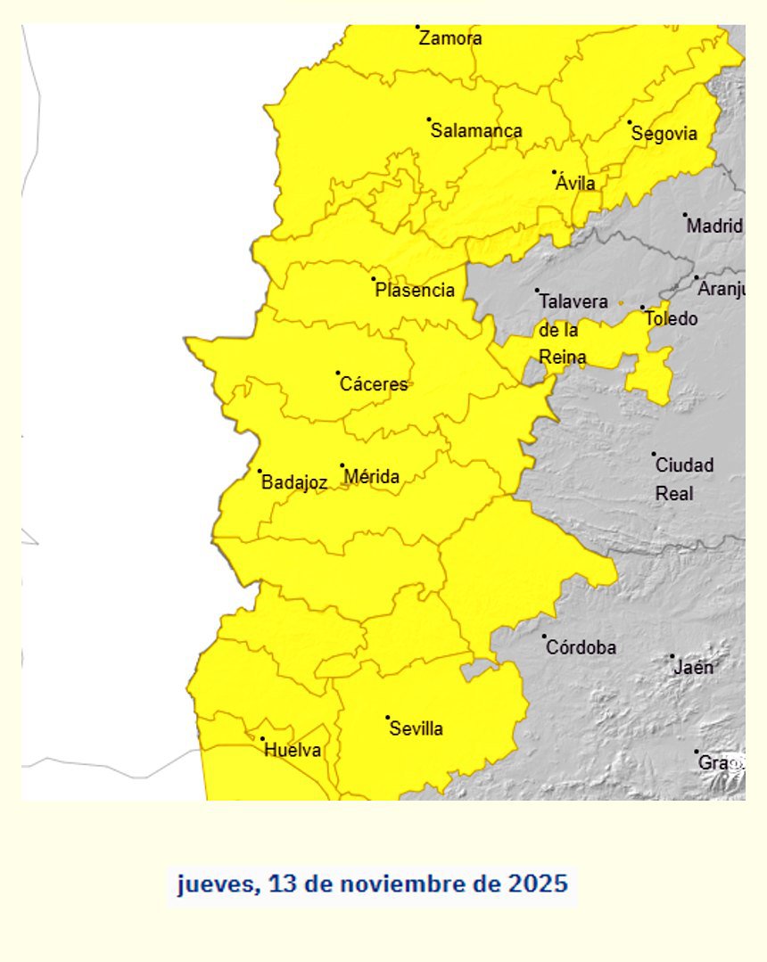 Activada la alerta amarilla por lluvias y fuertes rachas de viento en Extremadura
