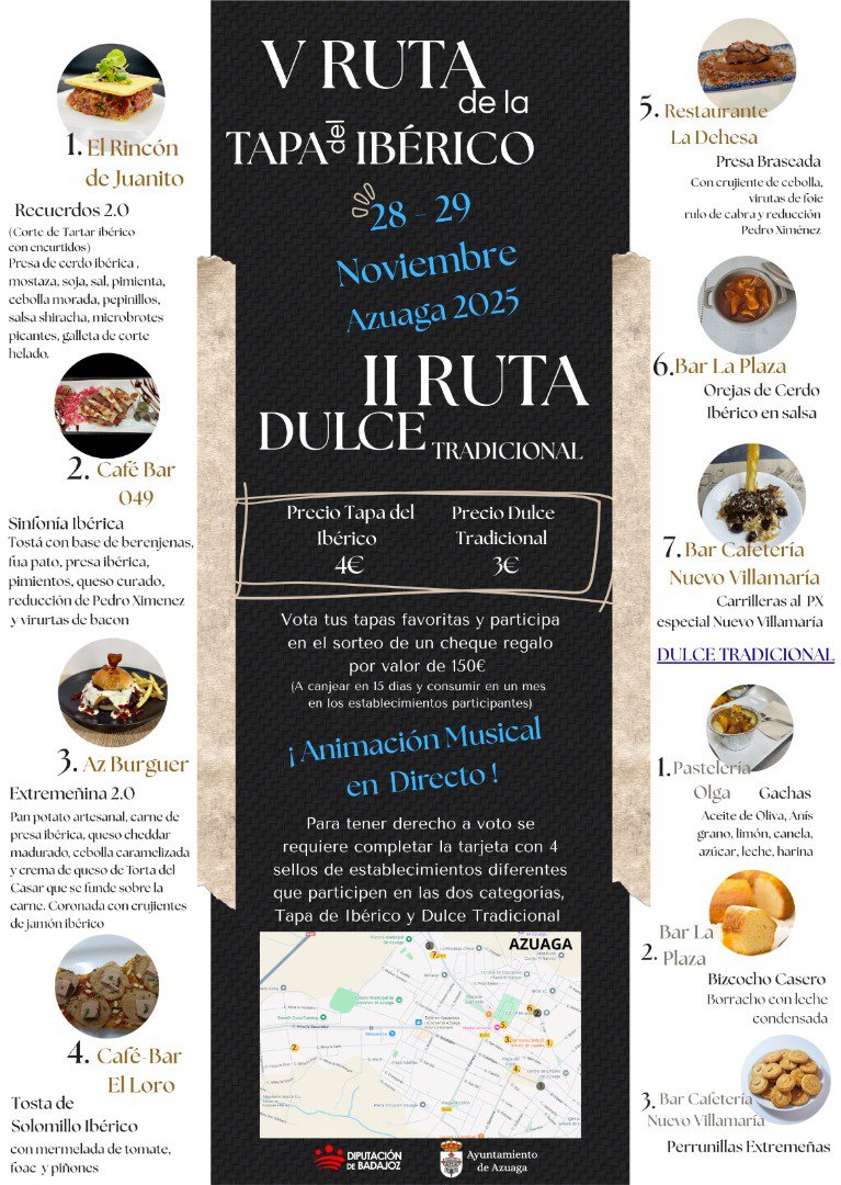 Azuaga celebrará la V Ruta de la Tapa del Ibérico y la II Ruta del Dulce Tradicional los días 28 y 29 de noviembre de 2025