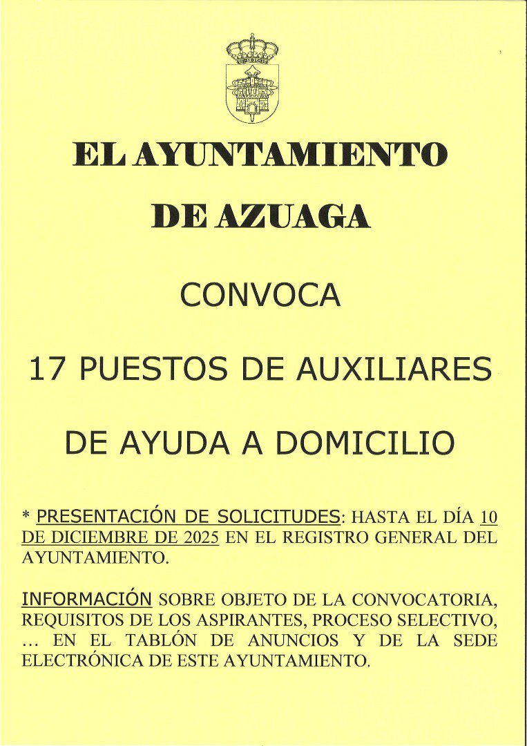Azuaga abre convocatoria para 17 puestos de Auxiliares de Ayuda a Domicilio