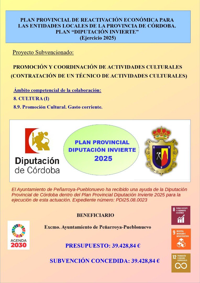Peñarroya-Pueblonuevo impulsa la promoción cultural con una ayuda del Plan Provincial “Diputación Invierte 2025”