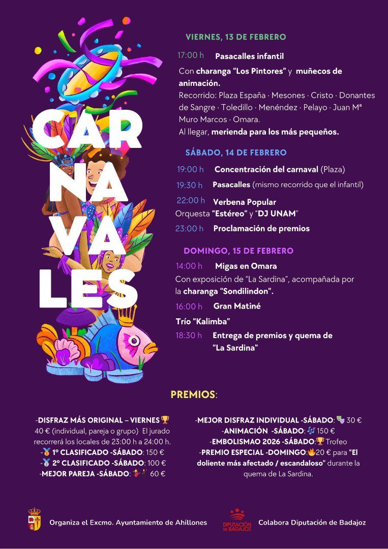 Ahillones se prepara para vivir tres días de Carnaval con pasacalles, verbena, migas y la quema de “La Sardina”