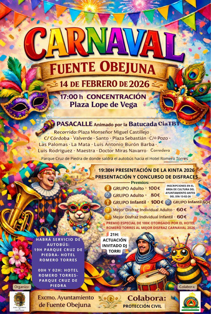Fuente Obejuna se viste de fiesta el 14 de febrero con pasacalle, concurso de disfraces y música en directo