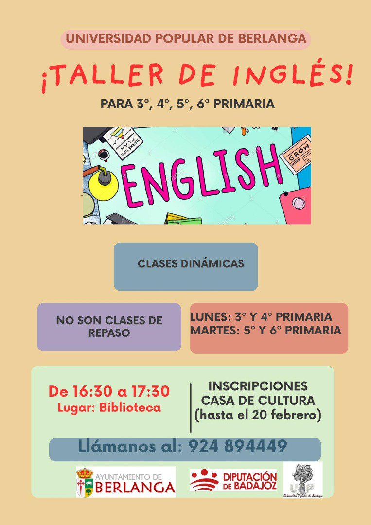 Berlanga abre inscripciones para un Taller de Inglés dirigido a alumnado de 3º a 6º de Primaria