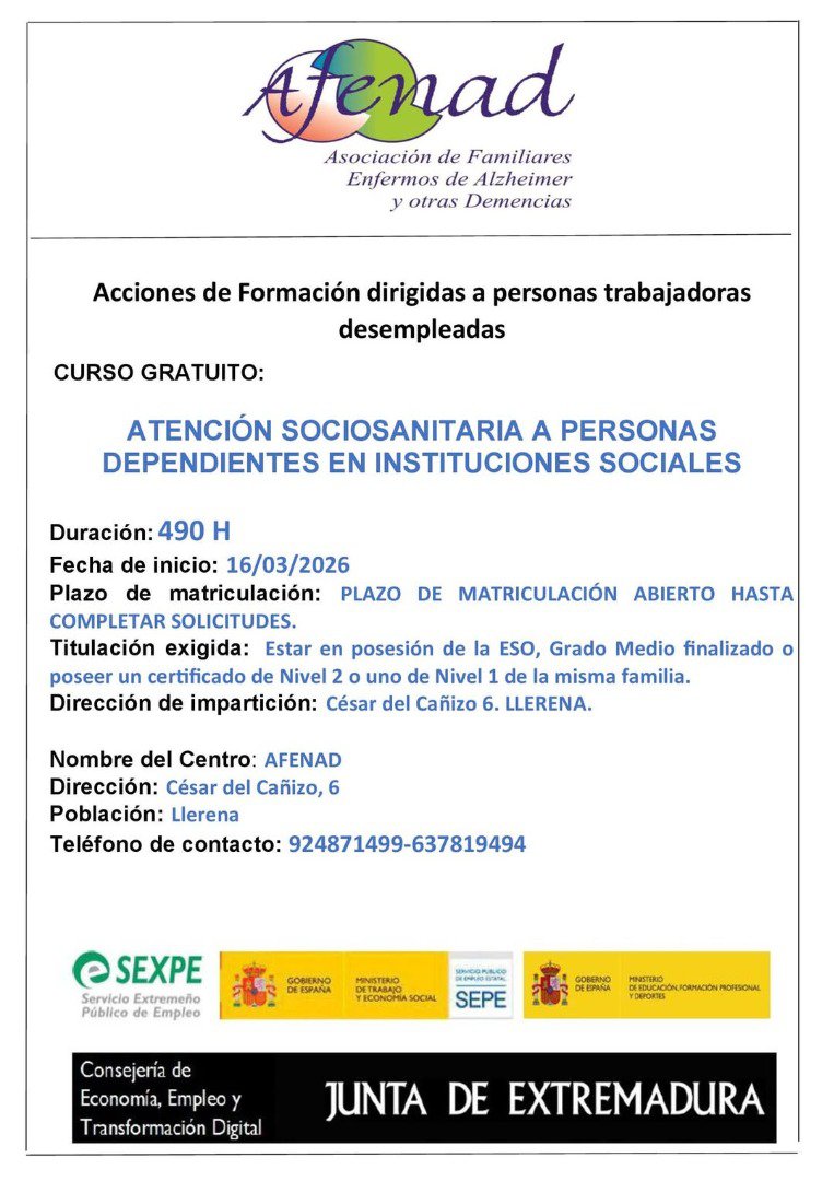 AFENAD abre la matrícula de un curso gratuito de Atención Sociosanitaria en Llerena