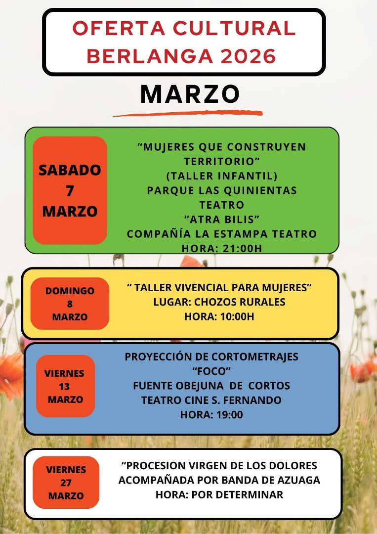 Berlanga presenta su programación cultural de marzo dentro de la Oferta Cultural 2026