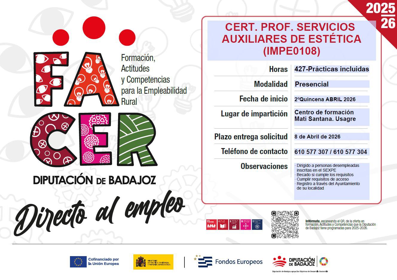Usagre oferta un Certificado Profesional en Servicios Auxiliares de Estética con 427 horas y prácticas incluidas