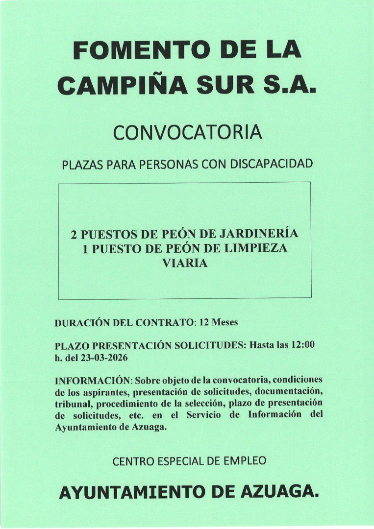 Fomento de la Campiña Sur oferta tres puestos de trabajo para personas con discapacidad en Azuaga
