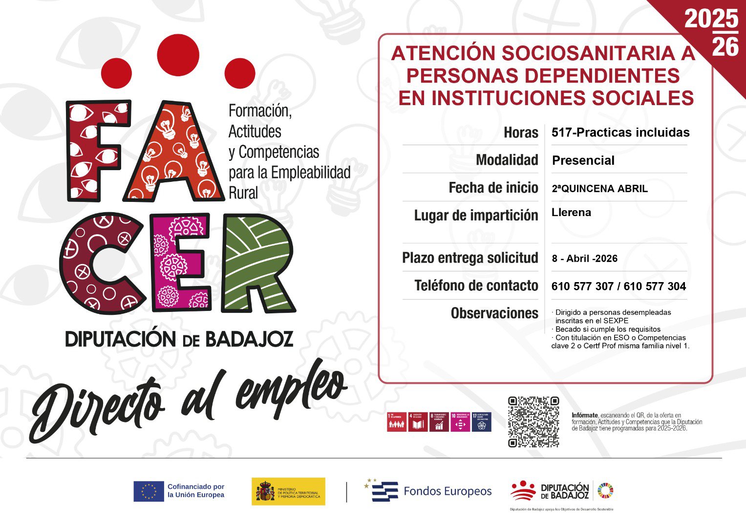 Llerena abrirá en abril un curso gratuito de formación sociosanitaria para personas desempleadas