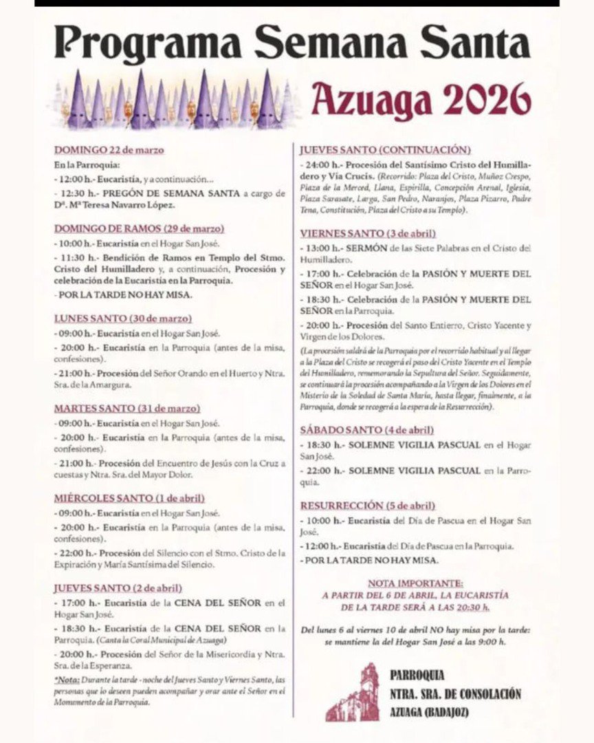 Azuaga presenta el programa oficial de Semana Santa 2026 con procesiones y actos litúrgicos desde el 22 de marzo