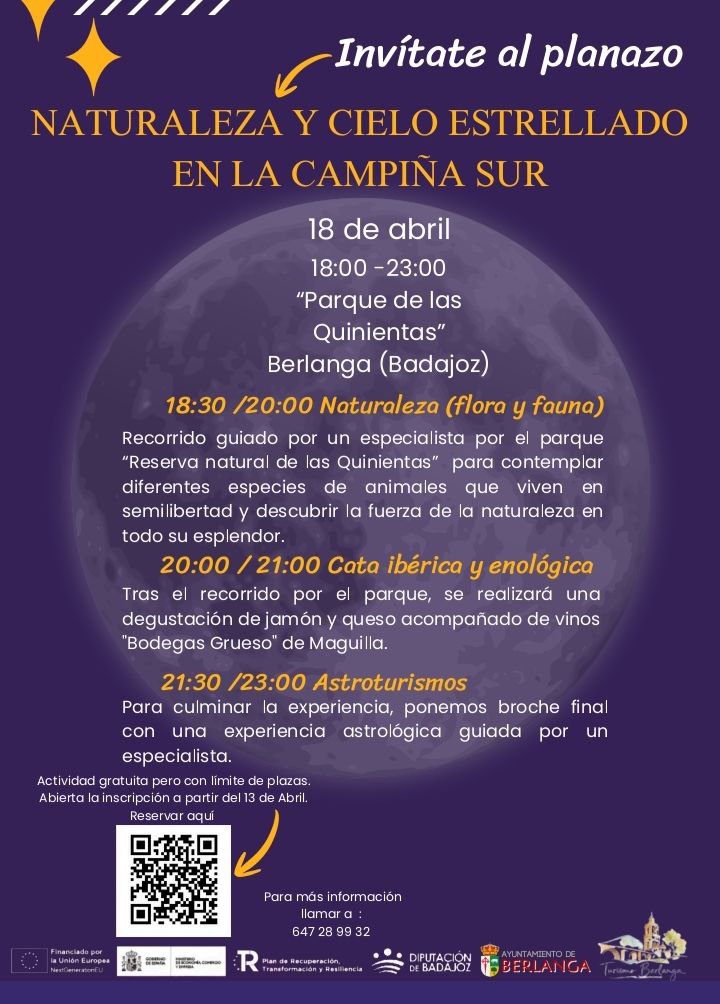 Berlanga celebrará el 18 de abril una jornada gratuita que unirá naturaleza, sabores ibéricos y observación de estrellas en el Parque de las Quinienta