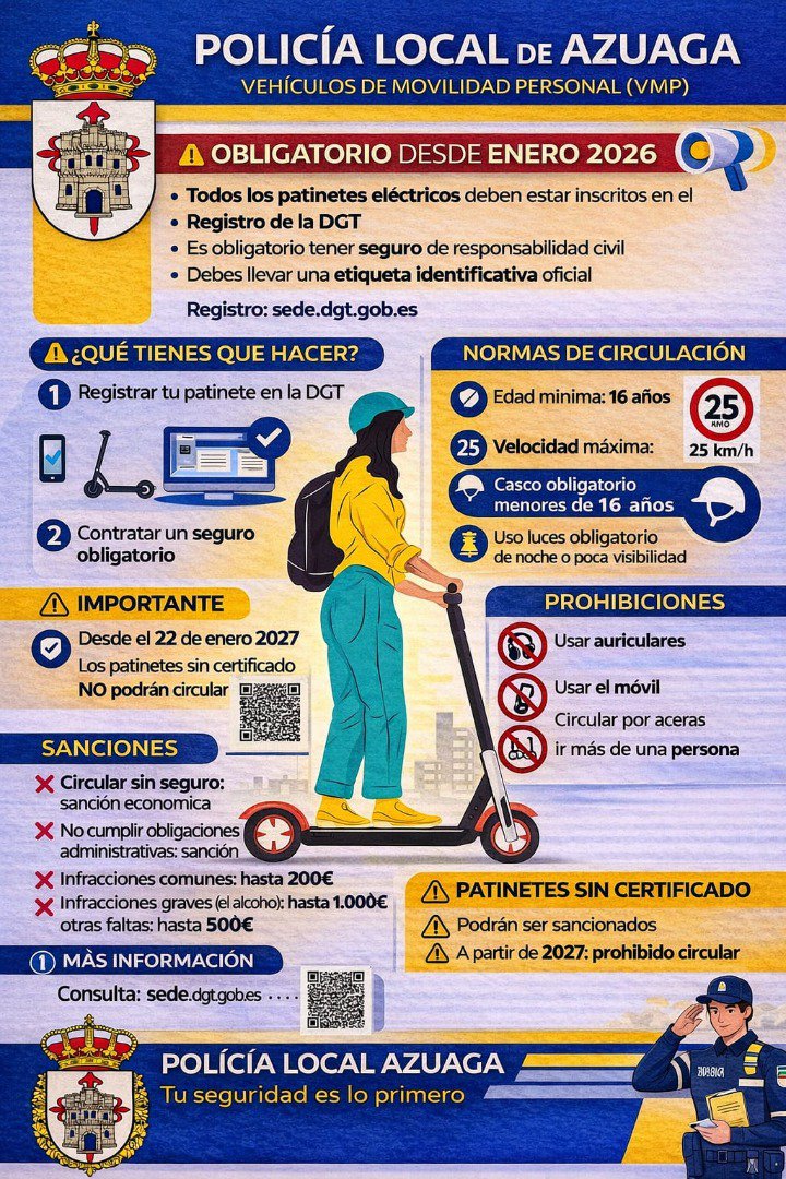 Azuaga recuerda las obligaciones que ya afectan a los patinetes eléctricos y avisa de que los VMP sin certificación no podrán circular en 2027