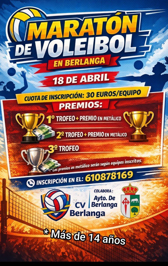 Berlanga celebrará el 18 de abril un maratón de voleibol con premios en metálico y trofeos para los mejores equipos
