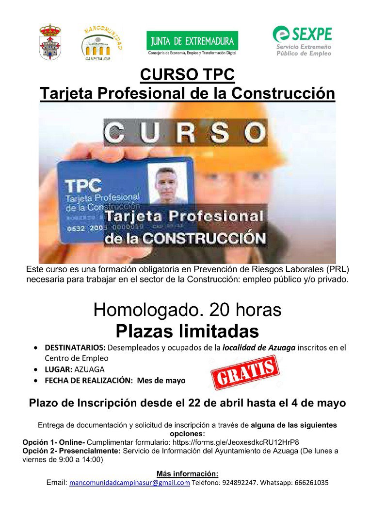 ABIERTO EL PLAZO DE INSCRIPCIÓN PARA EL CURSO GRATUITO DE LA TARJETA PROFESIONAL DE LA CONSTRUCCIÓN (TPC) EN AZUAGA