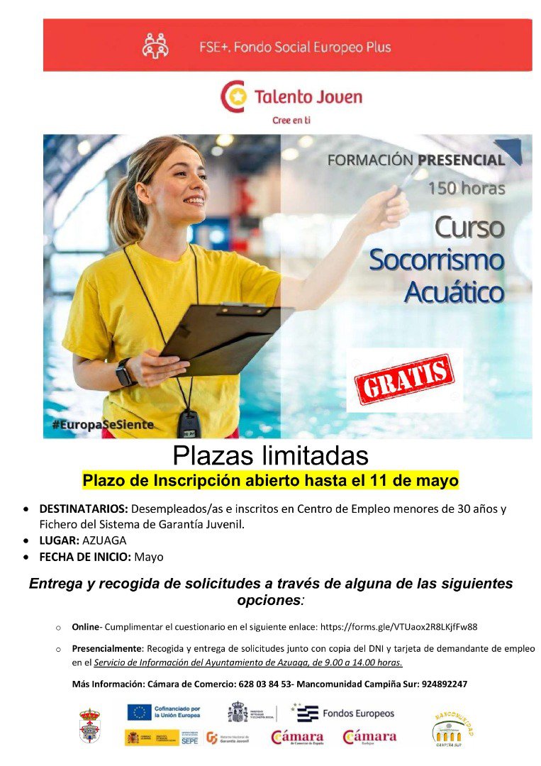 Curso gratuito de “Socorrista Acuático” en Azuaga 