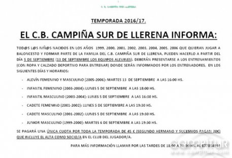 C.B. Campiña Sur de Llerena, comienzo Pretemporada 2016/17