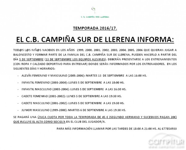 C.B. Campiña Sur de Llerena, comienzo Pretemporada 2016/17